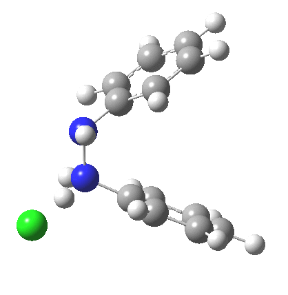 The 3,3 sigmatropic rearrangement of monoprotonated diphenylhydrazine. Click for  3D.
