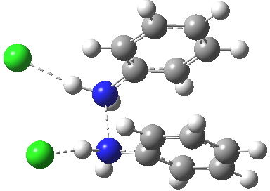 Transition state between p-complex and  N-N diprotonated diphenyhydrazine. Click for  3D.